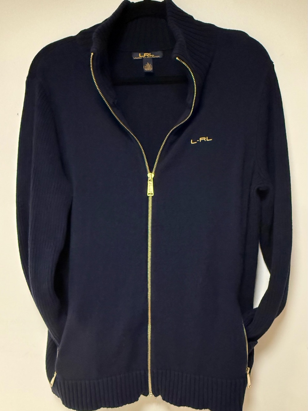 Lauren Ralph Lauren Navy Mock Neck Zip-Up Sweater Jacket Gold Accents Size Note